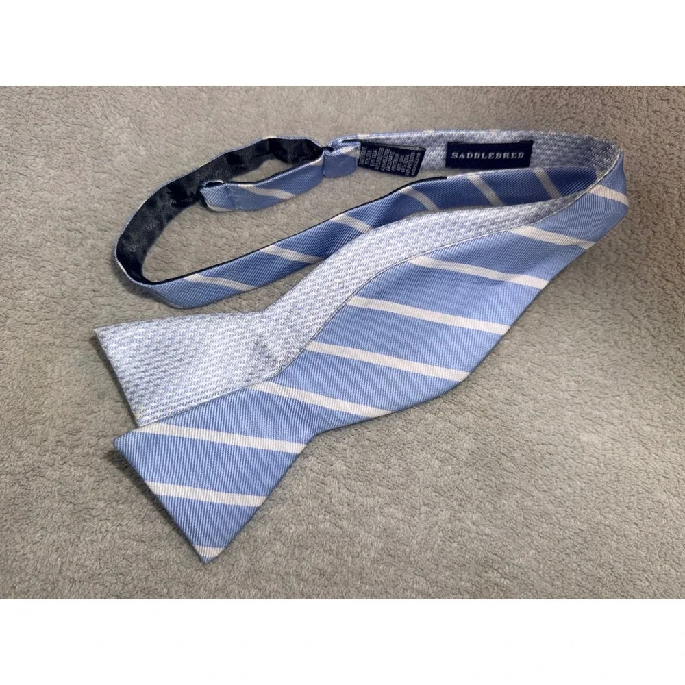 Saddlebred Mens Blue White Striped Silk Blend Adjustable Self-Tie Bow Tie